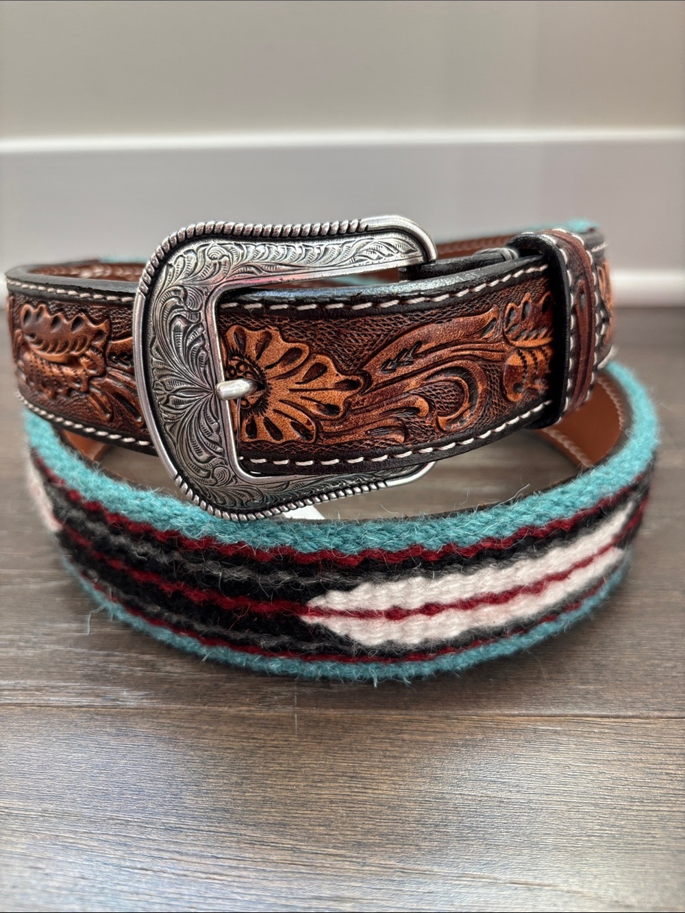 3D Belt Co. Hand tooled leather,wool blanket inlay,etched silvertone buckle
